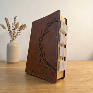 Personalized Tabbed Brown KJV LEATHER BIBLE with Tabs Christian Birthday Gift for Him Her Wedding Graduation Pastor Custom Engraved