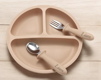 UTENSILI PER BAMBINI PERSONALIZZATI Forchetta Cucchiaio per l'alimentazione per bambini Posate per neonati Regalo per neonati Manico in silicone Lavabile in lavastoviglie