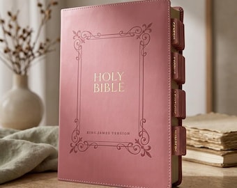 Personalized Tabbed Pink KJV LEATHER BIBLE with Tabs Christian Birthday Gift for Her Mom Grandma Wedding Graduation Custom Engraved