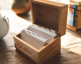 Personalized Acacia RECIPE BOX Card Holder Custom Engraved Housewarming Home Cooking Kitchen Wedding Gift for Her Mom Birthday Christmas