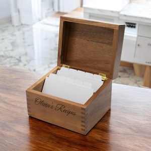 Personalized Acacia RECIPE BOX Card Holder Custom Engraved Housewarming Home Cooking Kitchen Wedding Gift for Her Mom Boyfriend Birthday Son