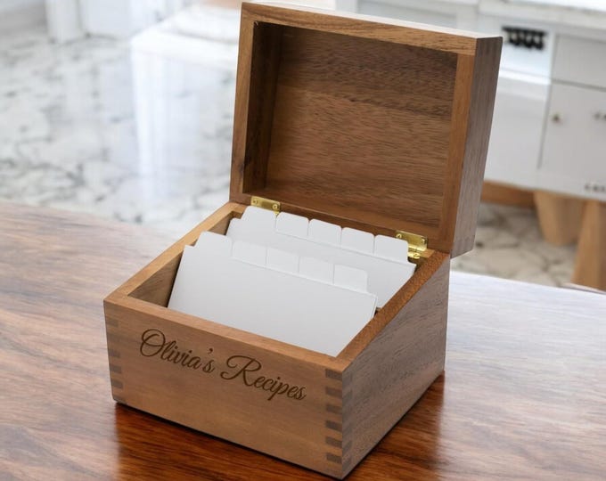 Personalized RECIPE BOX Card Holder Housewarming Home Cooking Baking Kitchen Wedding Birthday Gift for Her Mom Custom Engraved