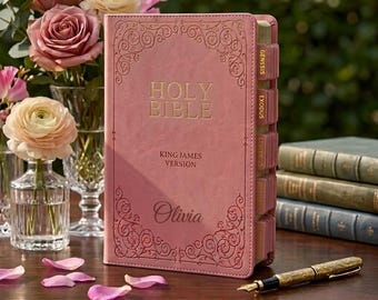 Personalized Tabbed Pink KJV LEATHER BIBLE with Tabs Christian Birthday Gift for Her Mom Women Wedding Graduation Custom Engraved