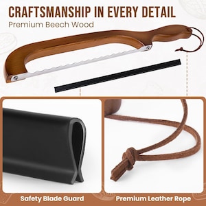 May include: A wooden bread knife with a serrated blade, a black safety blade guard, and a leather rope. The knife is made of premium beech wood. The text "Craftsmanship in Every Detail" and "Premium Beech Wood" are visible.
