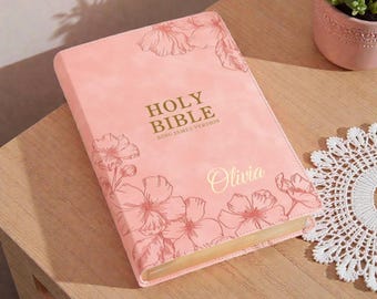 Personalized Tabbed Pink KJV LEATHER BIBLE with Tabs Christian Birthday Gift for Her Mom Grandma Wedding Graduation Custom Engraved