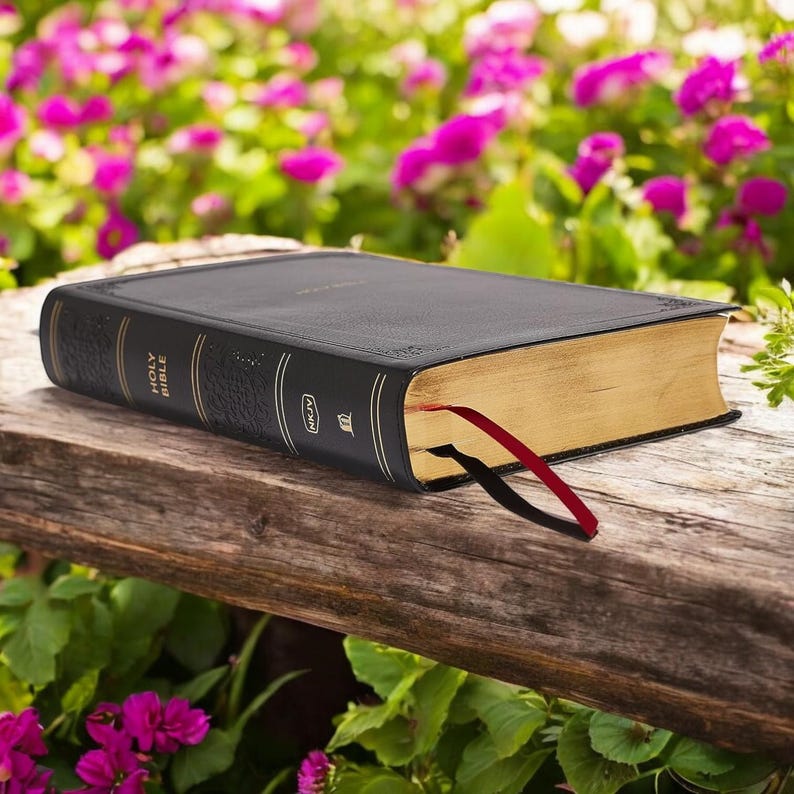 Peut inclure: Une Bible noire avec des bords dor&eacute;s et deux signets en ruban, un rouge et un noir. Le livre repose sur une surface en bois, avec un arri&egrave;re-plan flou de fleurs roses et de feuillage vert.