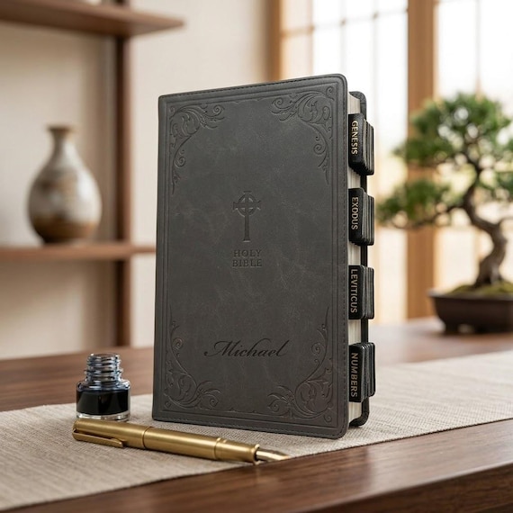 Personalized Tabbed Black NRSV Catholic BIBLE with Tabs Birthday Gift for Her Him Graduation Confirmation Pastor Custom Engraved