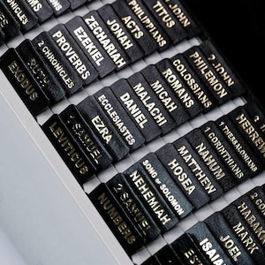 Peut inclure: Gros plan sur une Bible avec des onglets noirs portant des inscriptions dor&eacute;es. Les onglets sont &eacute;tiquet&eacute;s avec des noms de livres tels que &laquo;&nbsp;Exode&nbsp;&raquo;, &laquo;&nbsp;Psaumes&nbsp;&raquo; et &laquo;&nbsp;Proverbes&nbsp;&raquo;. Le livre est ouvert, r&eacute;v&eacute;lant les onglets.
