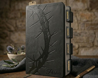 Personalized Tabbed Black KJV LEATHER BIBLE with Tabs Red Letter Christian Birthday Gift for Him Her Wedding Graduation Custom Engraved