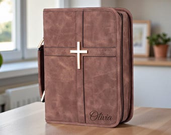 Personalized LEATHER BIBLE COVER Case with Zipper & Handle Christian Birthday Gift for Him Her Men Women Pastor Baptism Fathers Day