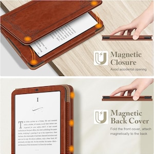 May include: A brown e-reader case with an embossed floral pattern on the front cover. The case features a magnetic closure system that secures the front flap to the device and allows the cover to fold back and attach magnetically to the rear.