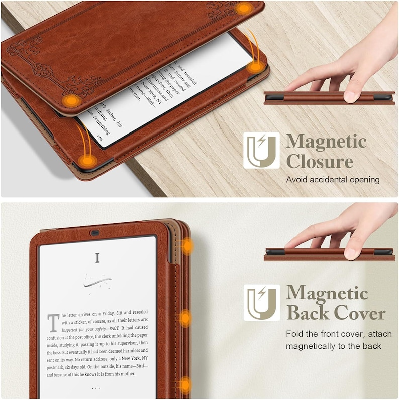 May include: A brown e-reader case with an embossed floral pattern on the front cover. The case features a magnetic closure system that secures the front flap to the device and allows the cover to fold back and attach magnetically to the rear.