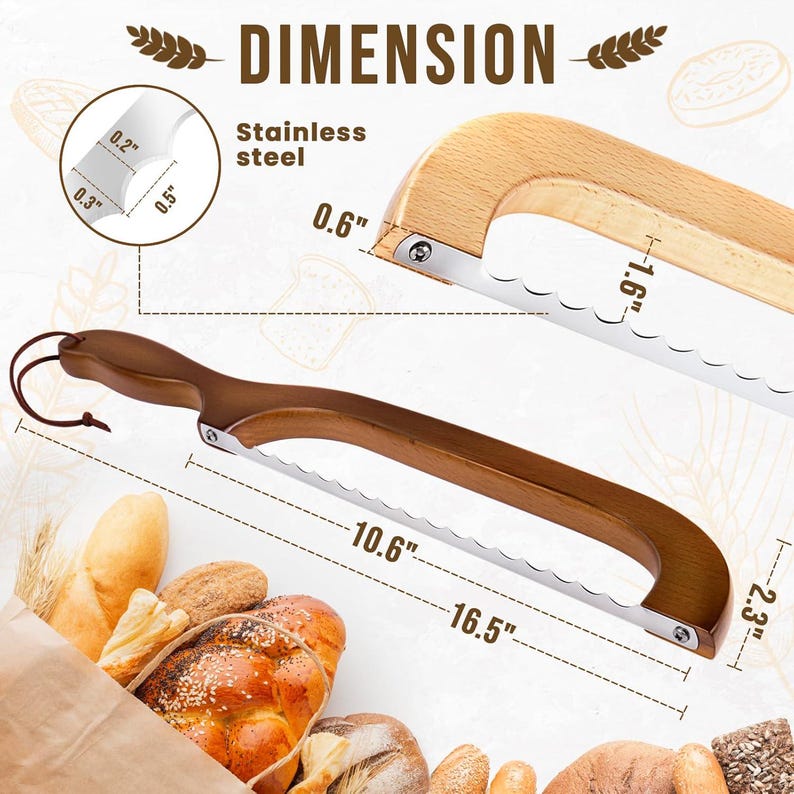 May include: A wooden bread slicer with a stainless steel blade. The slicer is 16.5 inches long and 2.3 inches high. The blade is 10.6 inches long. The handle is made of wood. The text "DIMENSION" and "Stainless steel" are visible.