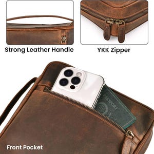 Pu&ograve; includere: Borsa in pelle marrone con manico robusto, cerniera YKK e tasca frontale. La borsa contiene uno smartphone e un passaporto. Progettata per trasportare l'essenziale.