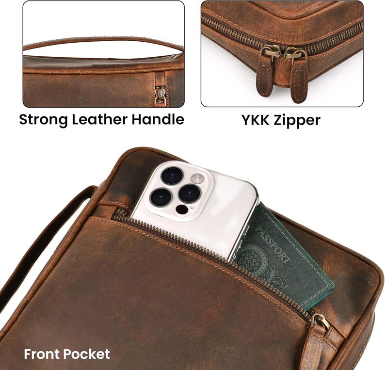 Pu&ograve; includere: Borsa in pelle marrone con manico robusto, cerniera YKK e tasca frontale. La borsa contiene uno smartphone e un passaporto. Progettata per trasportare l'essenziale.