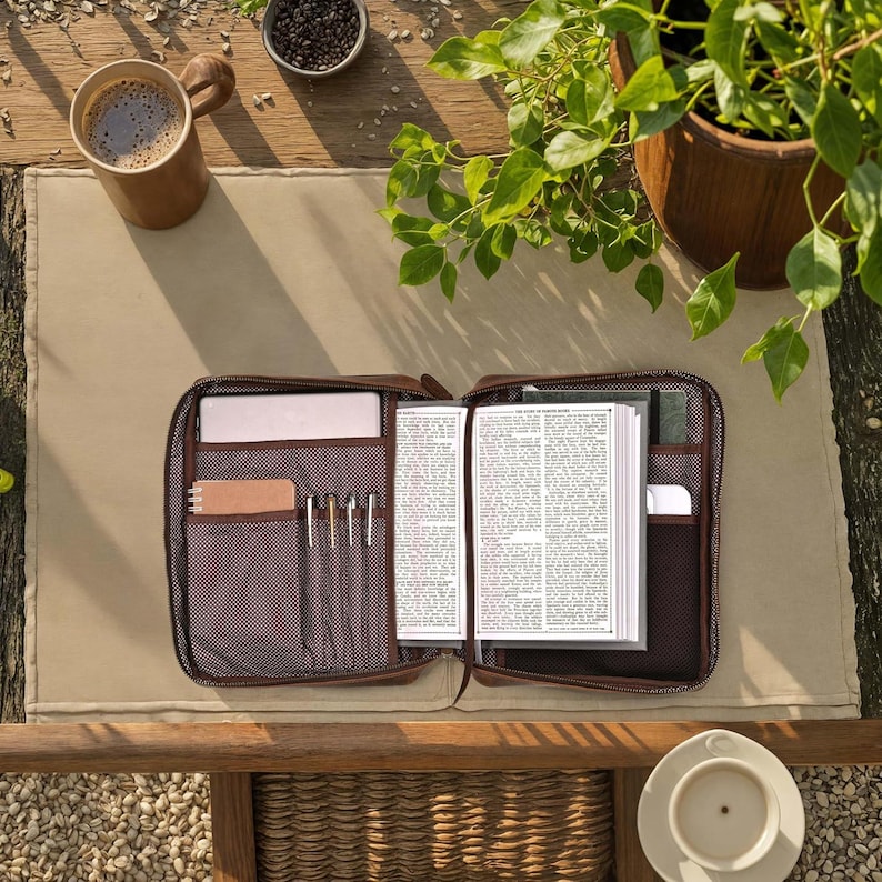 Pu&ograve; includere: Una custodia per Bibbia in pelle marrone aperta, che rivela un libro, penne e un blocco note. La custodia &egrave; su un sottobicchiere beige, con una tazza di caff&egrave;, una piccola ciotola di semi e una pianta in vaso sullo sfondo.