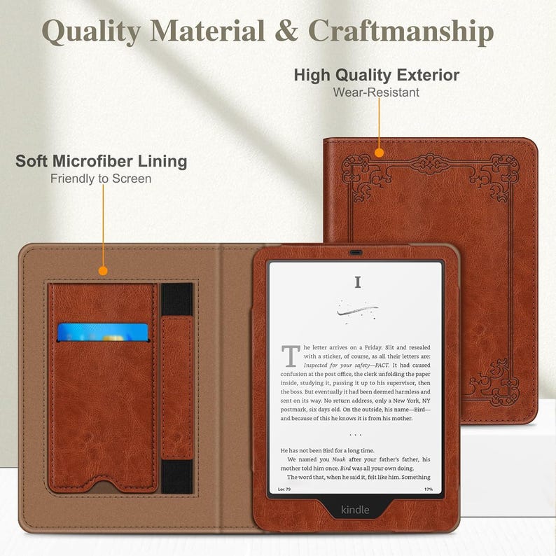 May include: A brown leather-like e-reader case featuring a soft microfiber interior lining, a card slot, and a black elastic strap. The exterior cover displays a decorative border pattern. The text Quality Material & Craftsmanship is visible.