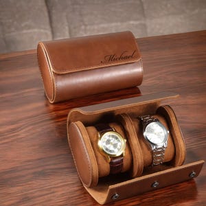 Personalized LEATHER WATCH CASE for Men Travel Roll Box Display Organizer Groomsmen Gift for Him Dad Husband Boyfriend Birthday Grandpa Son