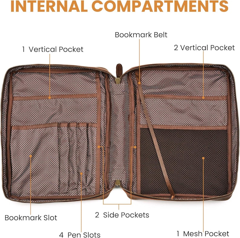 Pu&ograve; includere: Organizer in pelle marrone aperto con pi&ugrave; scomparti interni. Include tasche verticali, tasche a rete, fessure per penne e una cintura per segnalibro. Il testo "INTERNAL COMPARTMENTS" &egrave; in alto.