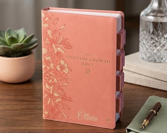 Personalized Tabbed Pink NLT Spiritual Growth LEATHER BIBLE with Tabs Christian Birthday Gift for Her Mom Wedding Graduation Custom Engraved