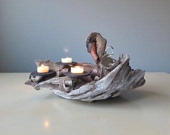 Driftwood Swan Sculpture with Candle Holders | One-of-a-Kind Coastal or Lakeside Art
