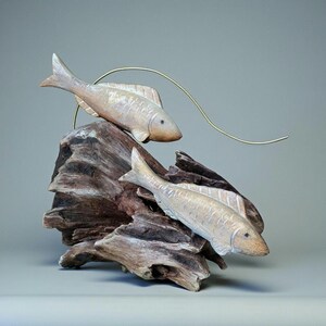Swimming Together – One of a Kind Driftwood Fish Sculpture, Handcrafted Lakeside Wood Art, Organic decor image 1