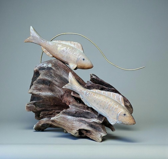 Swimming Together – One of a Kind Driftwood Fish Sculpture, Handcrafted Lakeside Wood Art, Organic decor