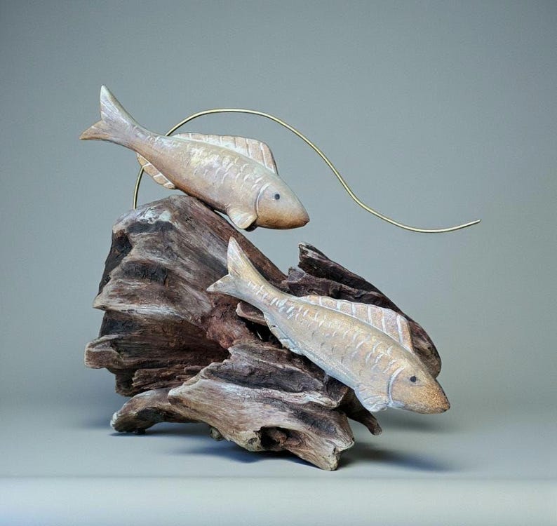 Swimming Together – One of a Kind Driftwood Fish Sculpture, Handcrafted Lakeside Wood Art, Organic decor image 1