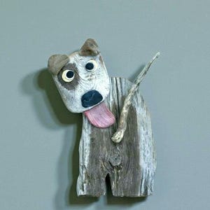 Whimsical Driftwood Dog Sculpture | Reclaimed Wood Wall Art with Metal Accents (17" Tall)