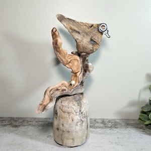 Driftwood Bird Sculpture: Unique Coastal Art, Beach Decor