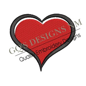 May include: A red heart with a black outline. The heart is a simple design with a rounded shape. The text "GQ'S DESIGNS NM Quality Embroidery Designs" is below the heart.