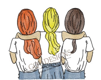 Three Best Friends Design, Sisters Design, for machine embroidery. In pes, dst, xxx and hus machine formats. Instant Download. For 5x7 hoop.