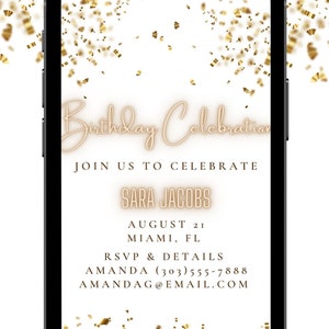 White and Gold Birthday Celebration Text Message Invitation Evite, Glamour Party Invite, Neon Font, Editable in Canva, White theme affair