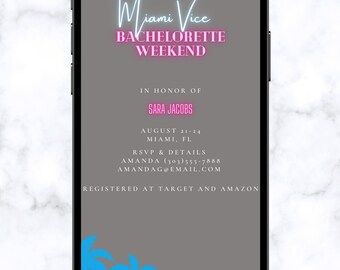 Miami VIce Neon Bachelorette Evite, Invitación de despedida de soltera, Tema disco, Invitación de texto, Itinerario de despedida de soltera, Miami Bachelorette DIY