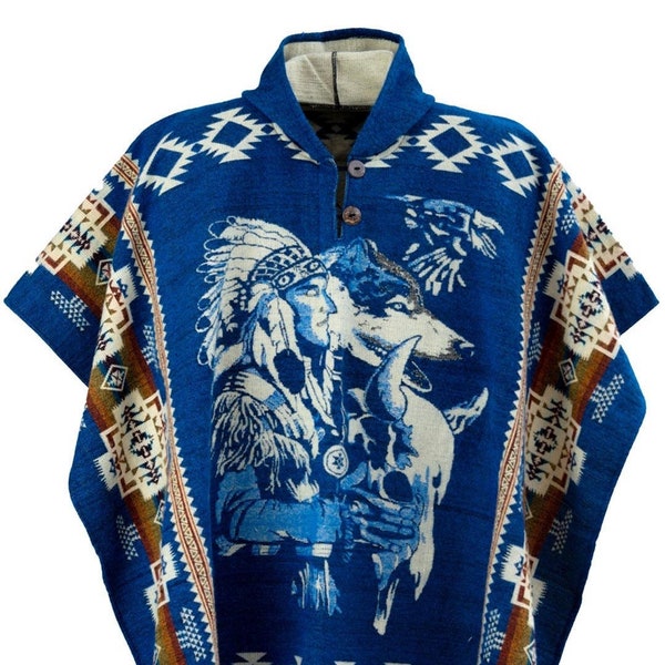 Poncho | blue | electric | wolf eagle | design native american for cold season