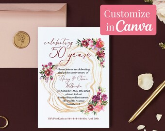 Plantilla de invitación del 50.º aniversario de bodas de oro de descarga digital instantánea - Rose & Geode