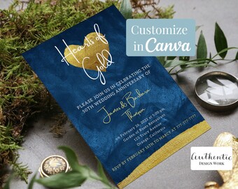 Plantilla de invitación del 50.º aniversario de bodas de oro de descarga digital instantánea - Azul con corazones de oro