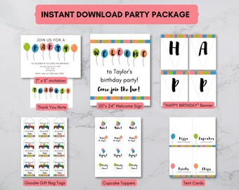 Paquete de fiesta temática de globos - Plantilla de Canva imprimible de descarga instantánea