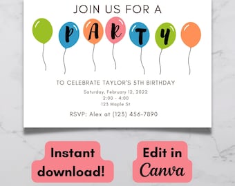Invitación temática de globos - Plantilla de Canva imprimible de descarga instantánea