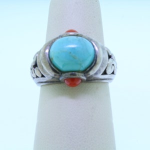 Vintage Thai Turquoise and Red Coral Sterling Silver Cabochon Ring