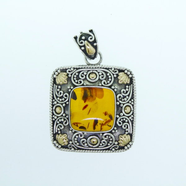 Vintage Suarti Bali 18k Gold and Sterling Silver Amber Pendant