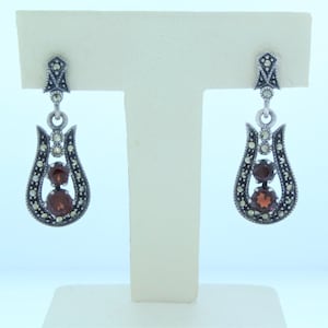 Sterling Silver, Garnet & Marcasite Dangle Earrings