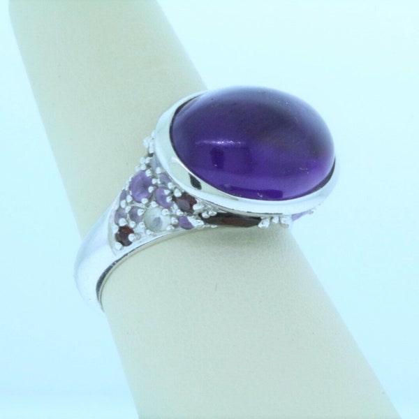 David Sigal Amethyst Sterling Cocktail Ring with Garnet Accents Size 9