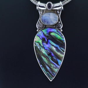 Vintage Sajen Sterling Silver Abalone Amethyst Pendant 24 inch