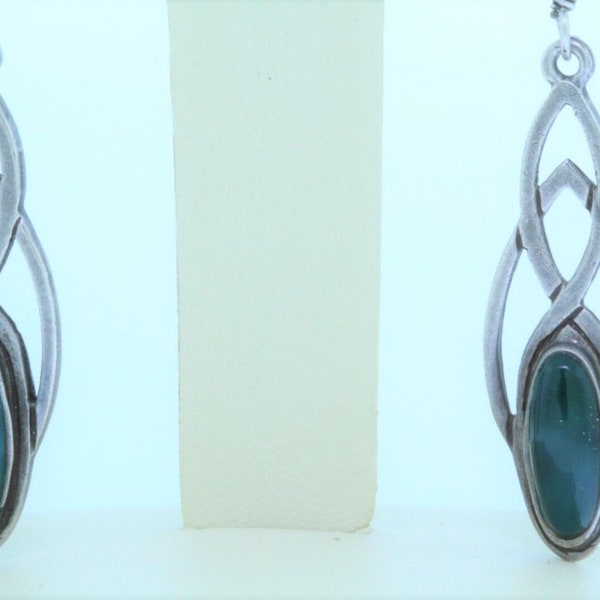 Vintage Sterling Silver  -SG Sea Gems- Green Stone Celtic Drop Earrings