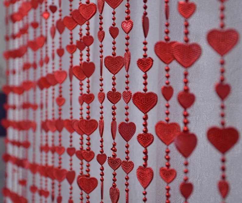 7FT Strings Bead Curtain Red Heart Fancy Sparkling Door Window String Beads Thread Sheer Shear Rod Room Hanging Solid Red 7 x 4 Ft 