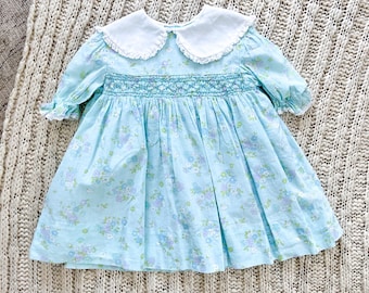 ポリー・フリンダーズ製、ヴィンテージ70年代ブルー花柄スモックドレス（サイズ4T）