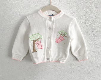 Vintage 1980s Baby Girl Gender Neutral Acrylic Teddy Bear Baby Cardigan Sweater BabyCrest 12 Months