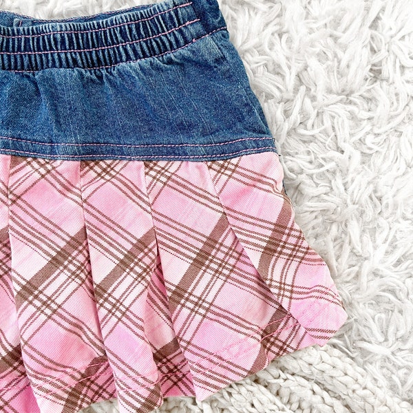 Vintage Y2K 2000s Denim and Pink Plaid Mini Skirt with Pleating Barbie Aesthetic Faded Glory 18 Months