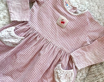 Vintage 1990s Toddler Pink Plaid Flannel Dress with Cherry Embroidery and Pockets Sweet Potatoes 5